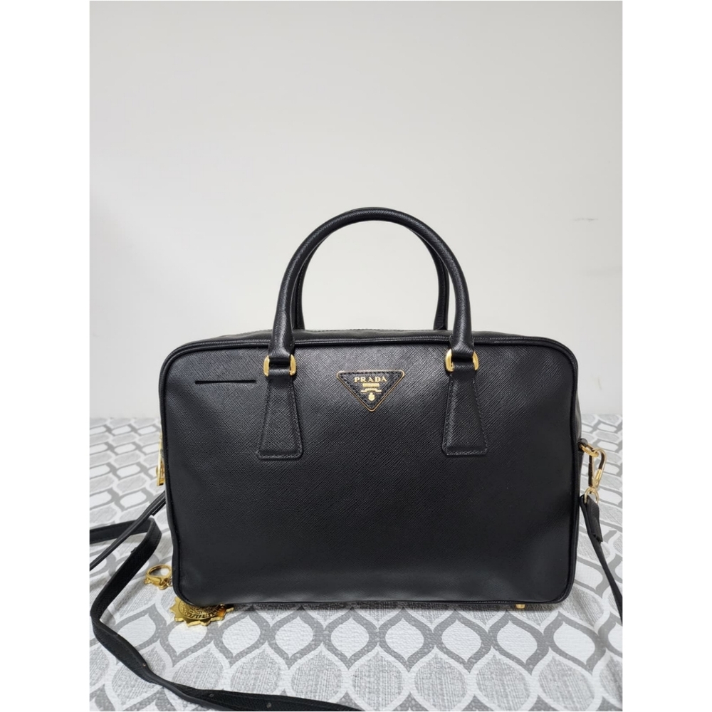 PRADA Saffiano Lux Leather Top Handle Bauletto Bag Black - Picture 8 of 16